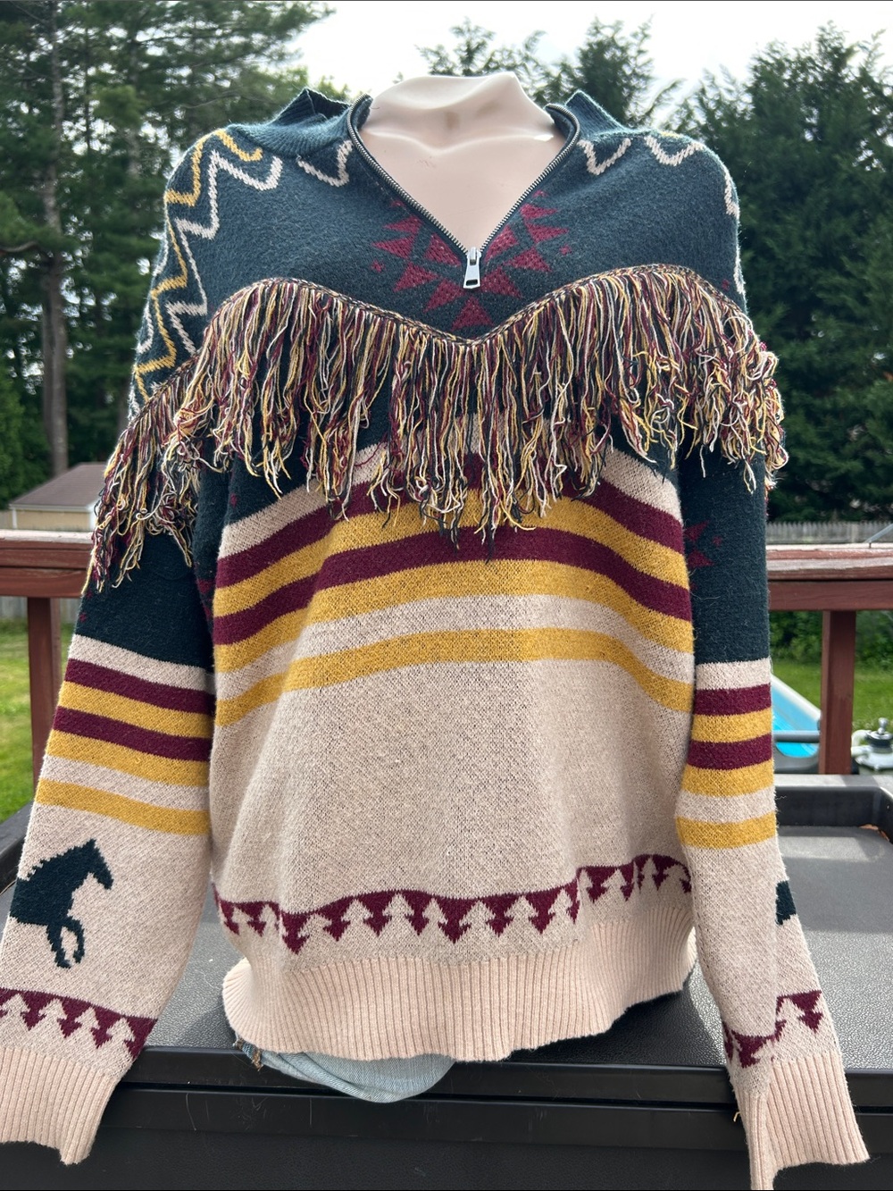 Sterling & Stitch Fringed V-Neck Southwestern Stripe Pullover Sweater